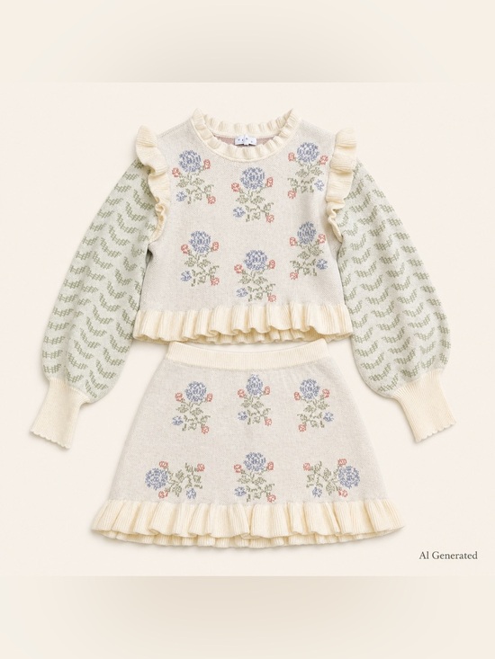 Mable Dresses & Skirts - Mable Cream Floral Knit Mini Skirt / Sweater Set with Ruffle Hem Size Large